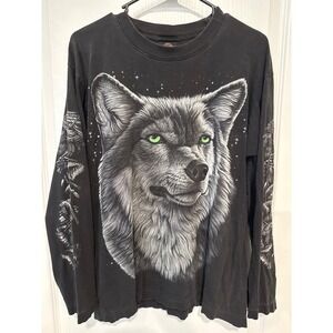Vintage 90s Rock Eagle Mens Long Sleeve Wolf Native American Print Black L